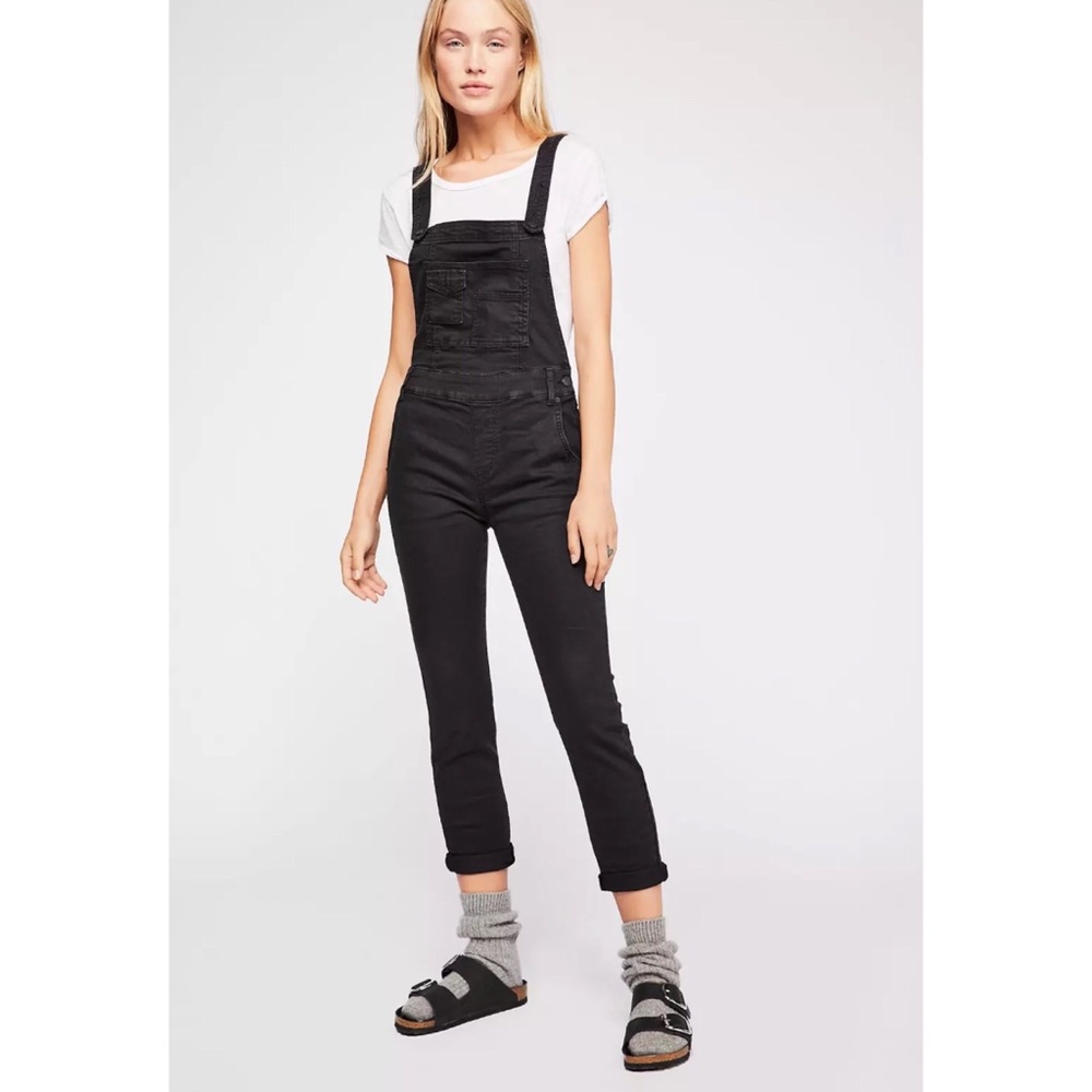 Free People Washed Denim Stretch Skinny Overalls